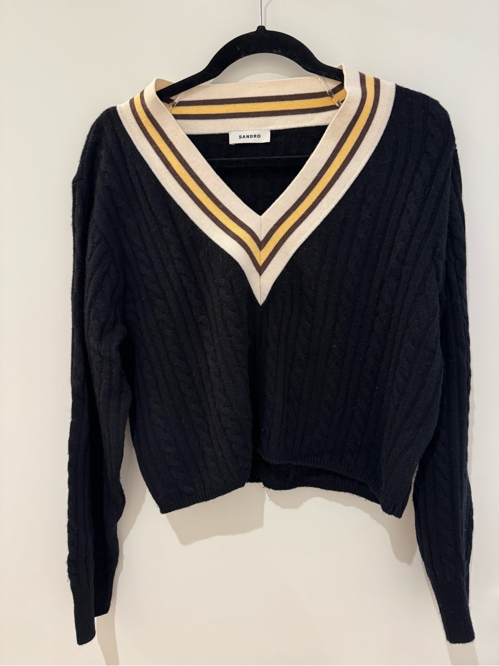 Sandro Black Cable-Knit V-Neck Sweater with Cream & Gold Stripe Trim